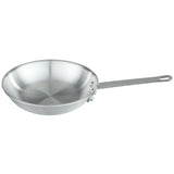An 8 inch aluminum fry pan with a flat, round base and slightly sloped sides. It has a long, straight handle attached with two rivets and a small hole at the end for hanging. The pan is empty and shown on a white background.