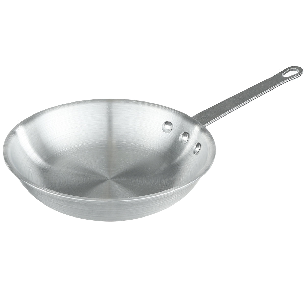 An 8 inch stainless steel Fry Pan with a wide, shallow base and slightly sloped sides. It features a flat, long handle attached with three rivets and a hole for hanging. The pan is clean with a brushed metal finish and an aluminum core for even heating.