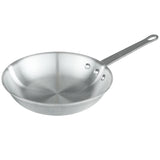 An 8 inch stainless steel Fry Pan with a wide, shallow base and slightly sloped sides. It features a flat, long handle attached with three rivets and a hole for hanging. The pan is clean with a brushed metal finish and an aluminum core for even heating.