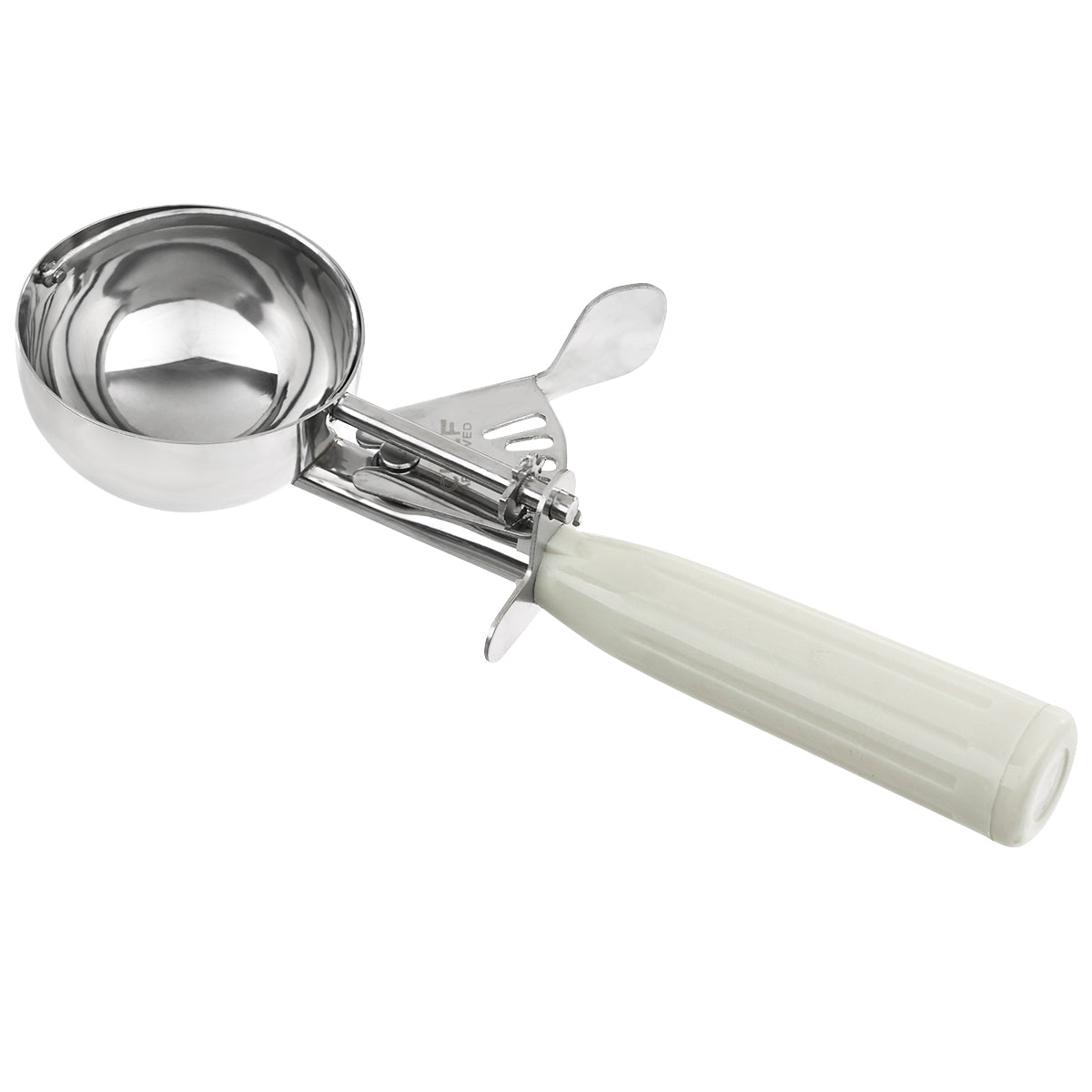 A metal ice cream disher with a shiny, round 3.25 oz bowl and a white, textured handle. The scoop features a thumb press lever mechanism for easy release, visible as a metal bar and trigger on the handle. Background is plain white.
