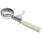A metal ice cream disher with a shiny, round 3.25 oz bowl and a white, textured handle. The scoop features a thumb press lever mechanism for easy release, visible as a metal bar and trigger on the handle. Background is plain white.