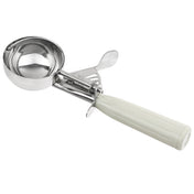 A metal ice cream disher with a shiny, round 3.25 oz bowl and a white, textured handle. The scoop features a thumb press lever mechanism for easy release, visible as a metal bar and trigger on the handle. Background is plain white.
