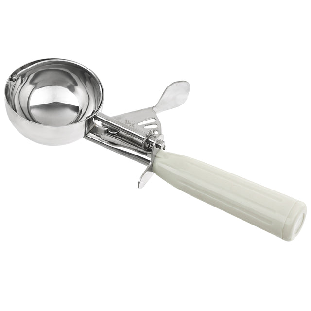 A metal ice cream disher with a shiny, round 3.25 oz bowl and a white, textured handle. The scoop features a thumb press lever mechanism for easy release, visible as a metal bar and trigger on the handle. Background is plain white.
