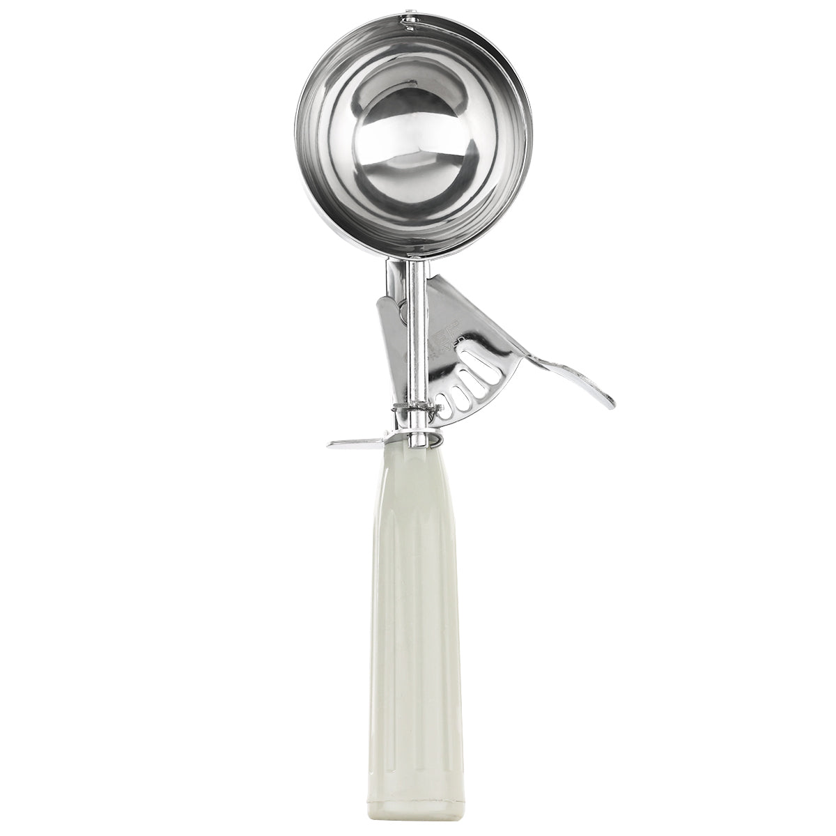 A stainless steel disher with a 3.25 oz round, shiny scoop bowl and a mechanical thumb press lever is shown upright on a white background. The white plastic handle features grooves for easy gripping.