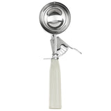 A stainless steel disher with a 3.25 oz round, shiny scoop bowl and a mechanical thumb press lever is shown upright on a white background. The white plastic handle features grooves for easy gripping.