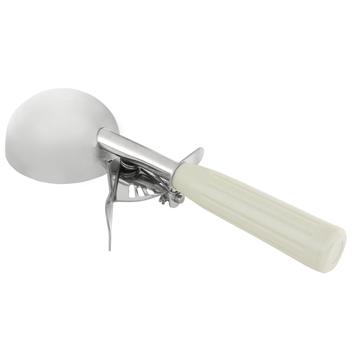 A 3.25 oz metal disher ice cream scoop with a mechanical lever and a white, textured plastic handle. The round bowl releases ice cream easily using the thumb press, while the ridged handle ensures a secure grip, positioned diagonally to the right.