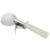 A 3.25 oz metal disher ice cream scoop with a mechanical lever and a white, textured plastic handle. The round bowl releases ice cream easily using the thumb press, while the ridged handle ensures a secure grip, positioned diagonally to the right.