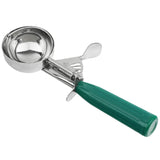 A stainless steel disher with a green handle and mechanical lever, resting on a white background. The scoop features a thumb press trigger mechanism for easily releasing contents.
