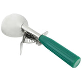 A stainless steel disher with a green handle features a built-in mechanical lever and thumb press for easy release of ice cream. The scoop is angled slightly upward, showcasing the trigger mechanism on the handle.