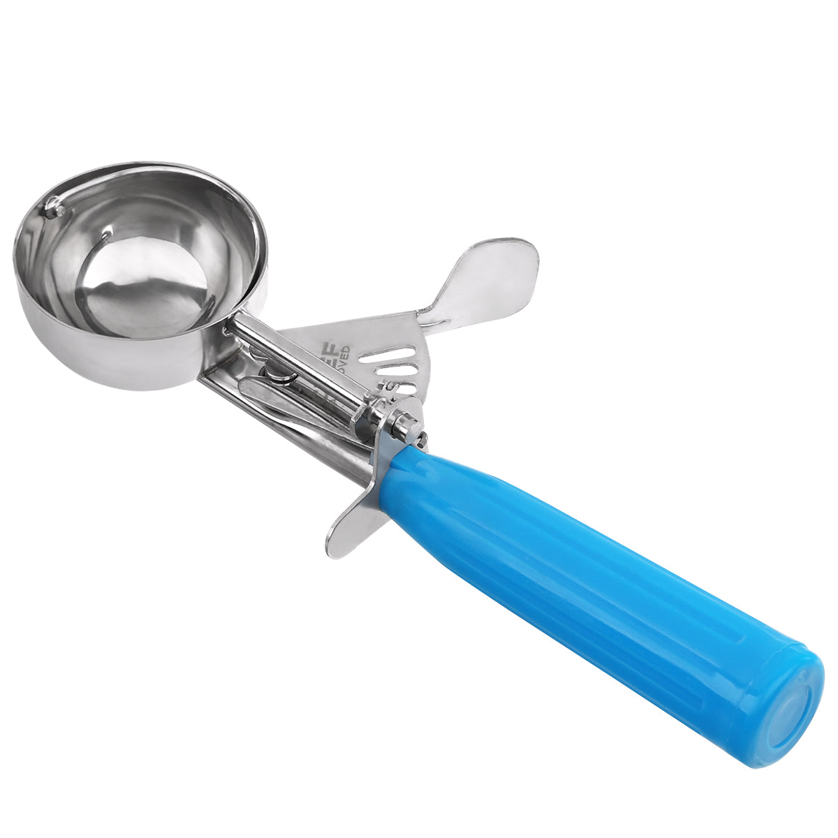 A 2 oz stainless steel disher with a bright blue handle and an easy trigger mechanism for releasing scoops, shown on a white background.