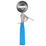 A stainless steel disher with a blue handle and a built-in trigger mechanism for easy release of 2 oz servings. The scoop is photographed against a plain white background.