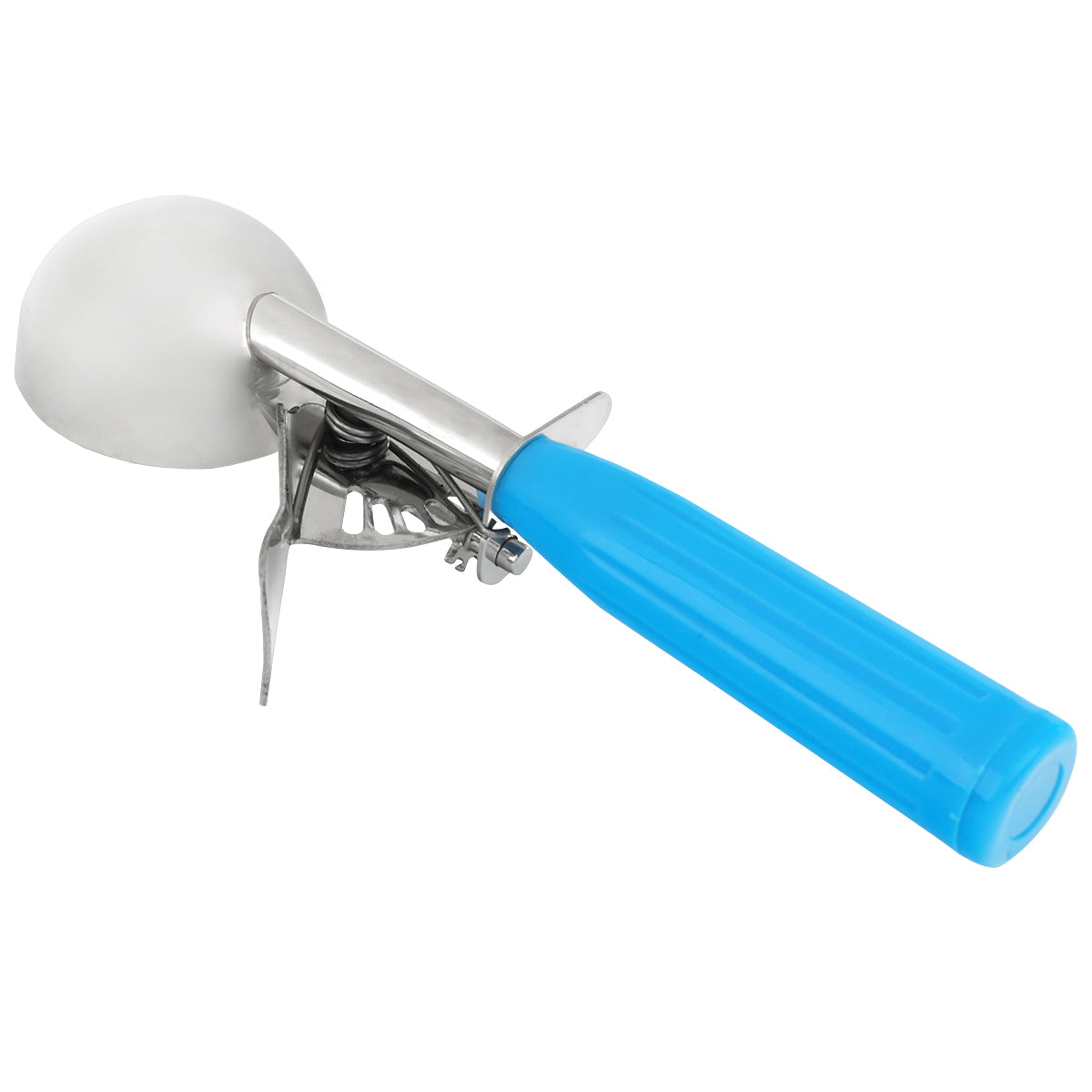A 2 oz disher with a mechanical release lever and a bright blue handle, positioned on a white background. The scoop bowl is round and shiny, and the handle features a trigger mechanism for easy serving.