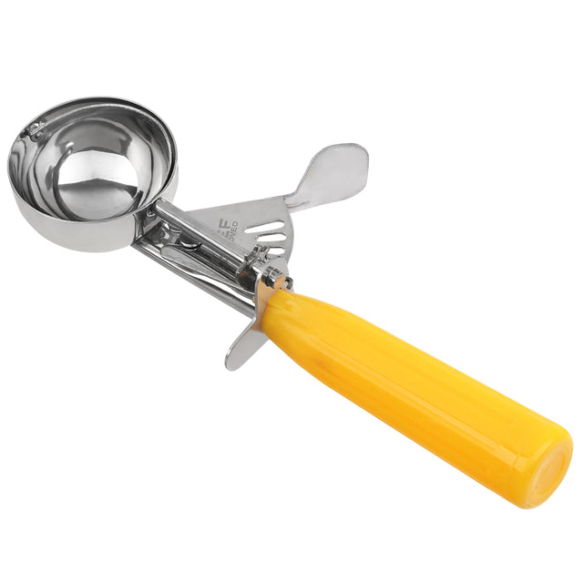 A metal ice cream disher with a shiny, round bowl and a bright yellow handle. The scoop features a thumb press trigger mechanism that moves a metal blade inside the bowl for easy release. The smooth, ergonomic handle ensures comfortable gripping.