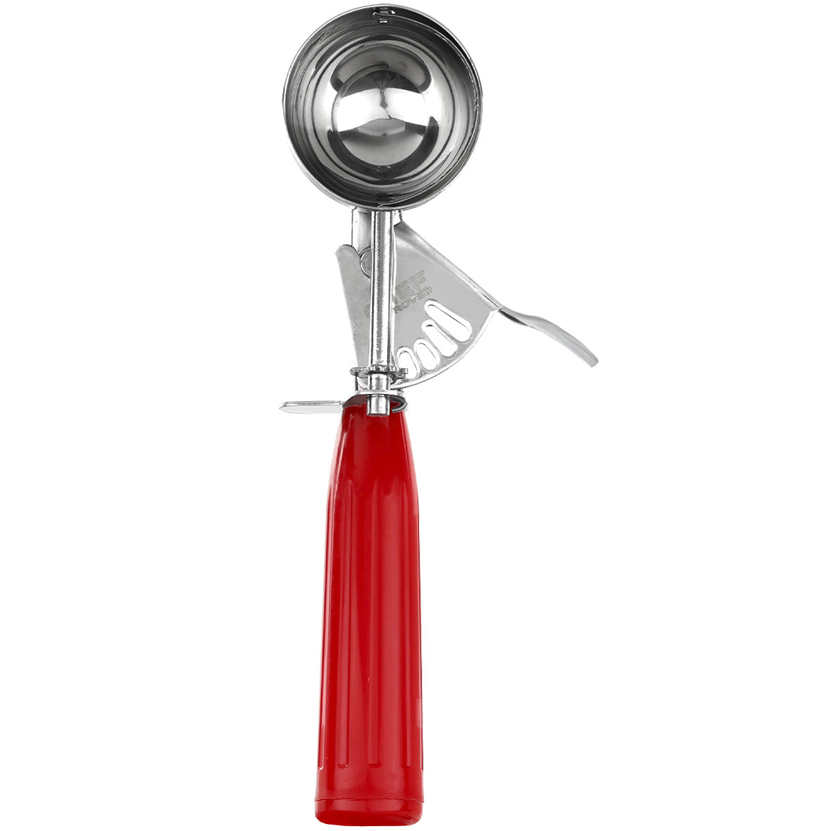 A metal disher ice cream scoop with a round bowl, red handle, and thumb press trigger for easy release. The scoop stands upright against a white background.