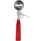 A metal disher ice cream scoop with a round bowl, red handle, and thumb press trigger for easy release. The scoop stands upright against a white background.