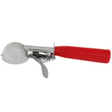 A metal ice cream disher with a shiny, rounded scoop head and a bright red ergonomic handle. The built-in lever, operated by a thumb press, runs along the side and bottom for easy release of ice cream.