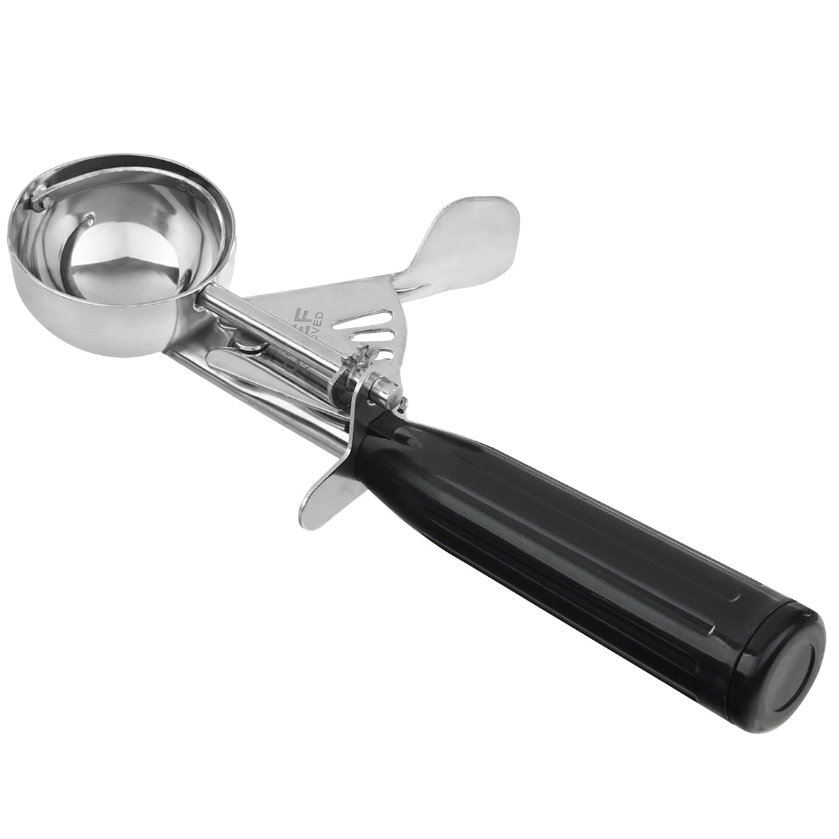 A metal disher ice cream scoop with a round 1 oz bowl, glossy black handle, and a squeeze trigger mechanism for easy release. The scoop and trigger are silver, while the handle is smooth and comfortable to hold.