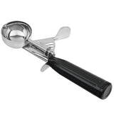 A metal disher ice cream scoop with a round 1 oz bowl, glossy black handle, and a squeeze trigger mechanism for easy release. The scoop and trigger are silver, while the handle is smooth and comfortable to hold.