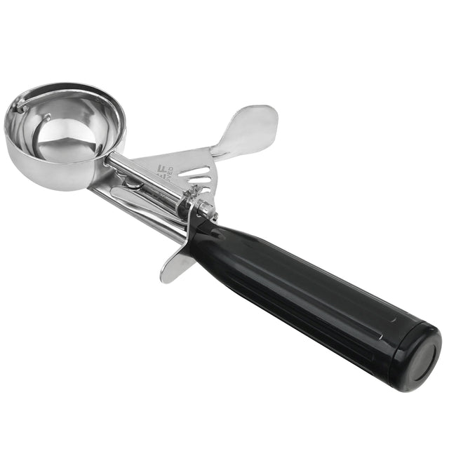 A metal disher ice cream scoop with a round 1 oz bowl, glossy black handle, and a squeeze trigger mechanism for easy release. The scoop and trigger are silver, while the handle is smooth and comfortable to hold.