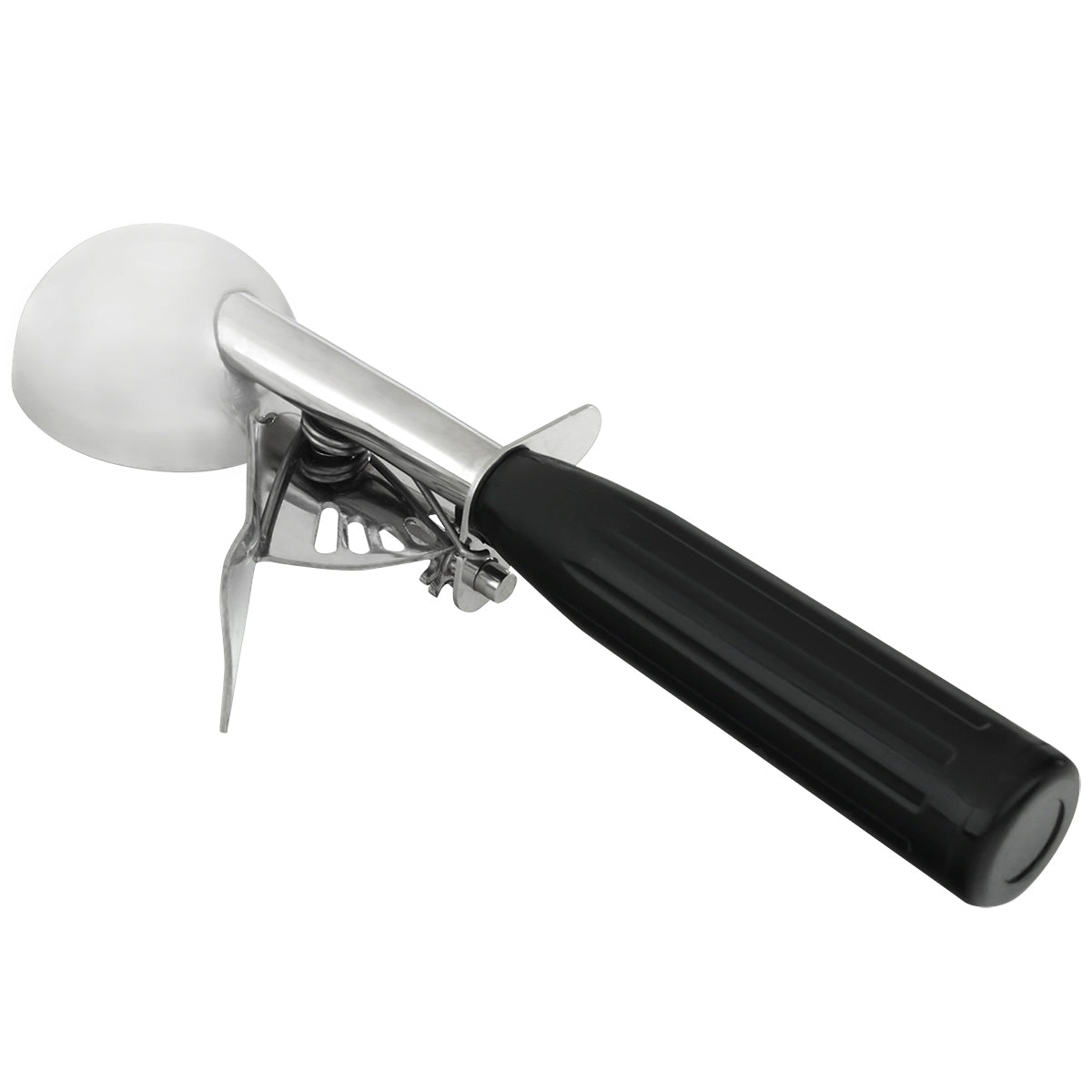 A metal disher ice cream scoop with a black handle and thumb press trigger is shown holding a 1 oz round scoop of vanilla ice cream in its bowl, isolated on a white background.