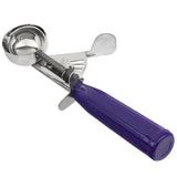 A stainless steel disher with a deep round bowl, visible trigger mechanism, and a purple handle. This 0.75 oz scoop is designed to easily release ice cream from the bowl with its efficient trigger lever.