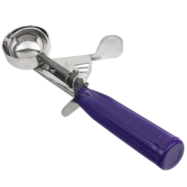 A stainless steel disher with a deep round bowl, visible trigger mechanism, and a purple handle. This 0.75 oz scoop is designed to easily release ice cream from the bowl with its efficient trigger lever.