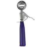 A metal disher ice cream scoop with a 0.75 oz deep, round bowl and mechanical lever for easy release, featuring a solid purple handle, shown vertically against a plain white background.