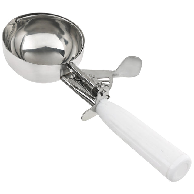 A chef-approved metal ice cream disher with a round bowl and trigger release mechanism features shiny stainless steel construction, a thumb press, and a white plastic handle, shown on a plain white background.