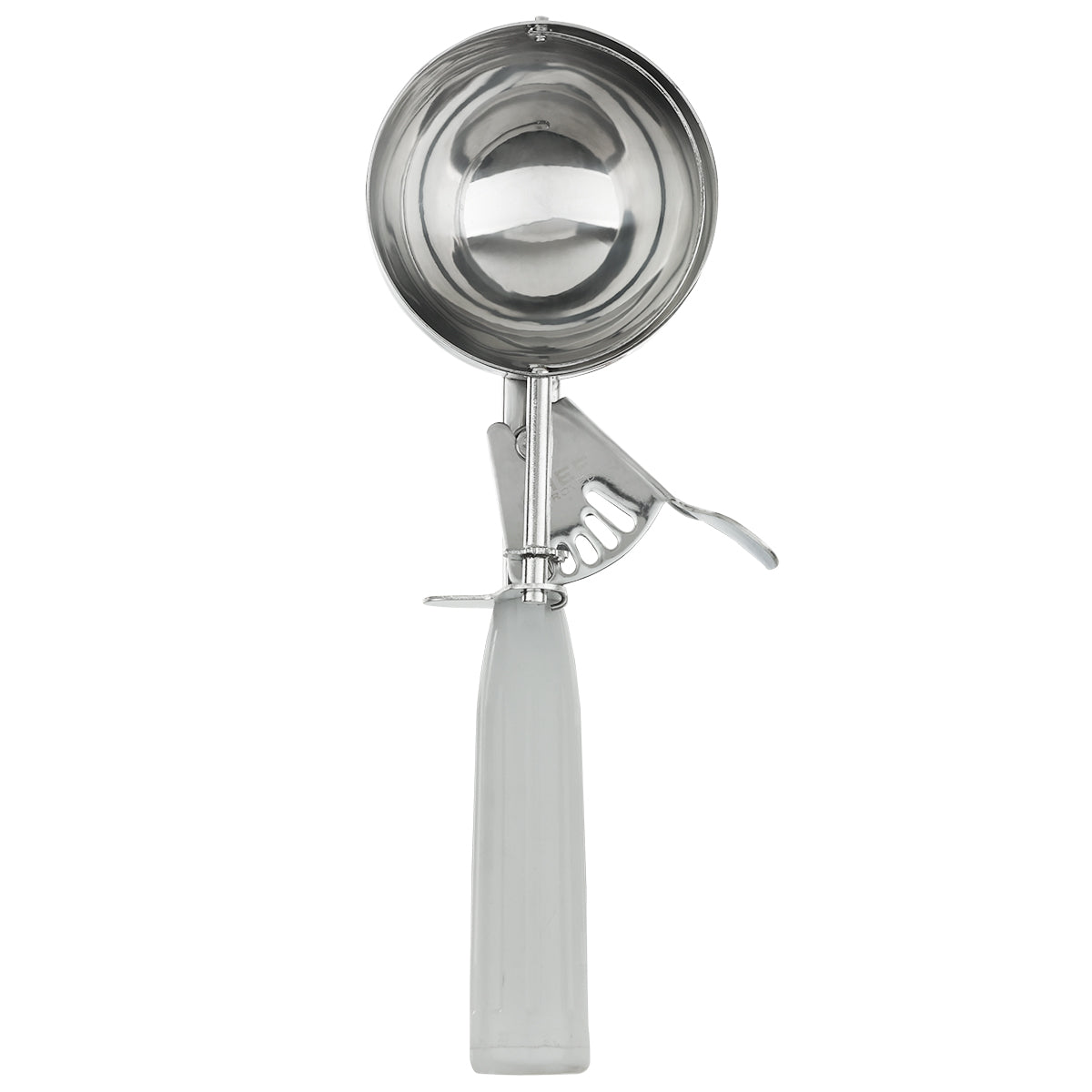 A chef approved stainless steel disher with a mechanical lever and a white plastic handle, shown facing upward against a plain white background. The scoop features a round bowl and thumb press trigger release for easy scooping.