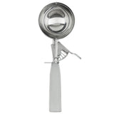 A chef approved stainless steel disher with a mechanical lever and a white plastic handle, shown facing upward against a plain white background. The scoop features a round bowl and thumb press trigger release for easy scooping.