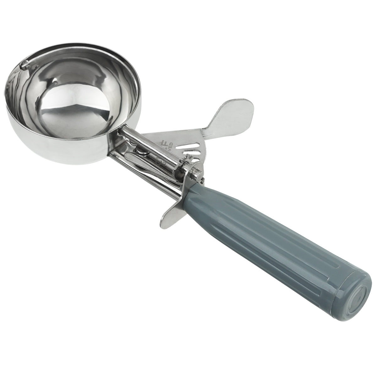 A metal ice cream disher with a shiny, round bowl and mechanical release lever. The thick, gray handle features a ridged design for grip, while the thumb press and angled bowl make the scoop and lever mechanism clearly visible.