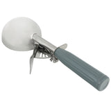 A metal ice cream disher with a gray handle and a trigger-style lever. The scoop has a round bowl for serving ice cream, subtle grooves for grip, and a visible thumb press mechanism near the neck. It’s displayed on a white background.