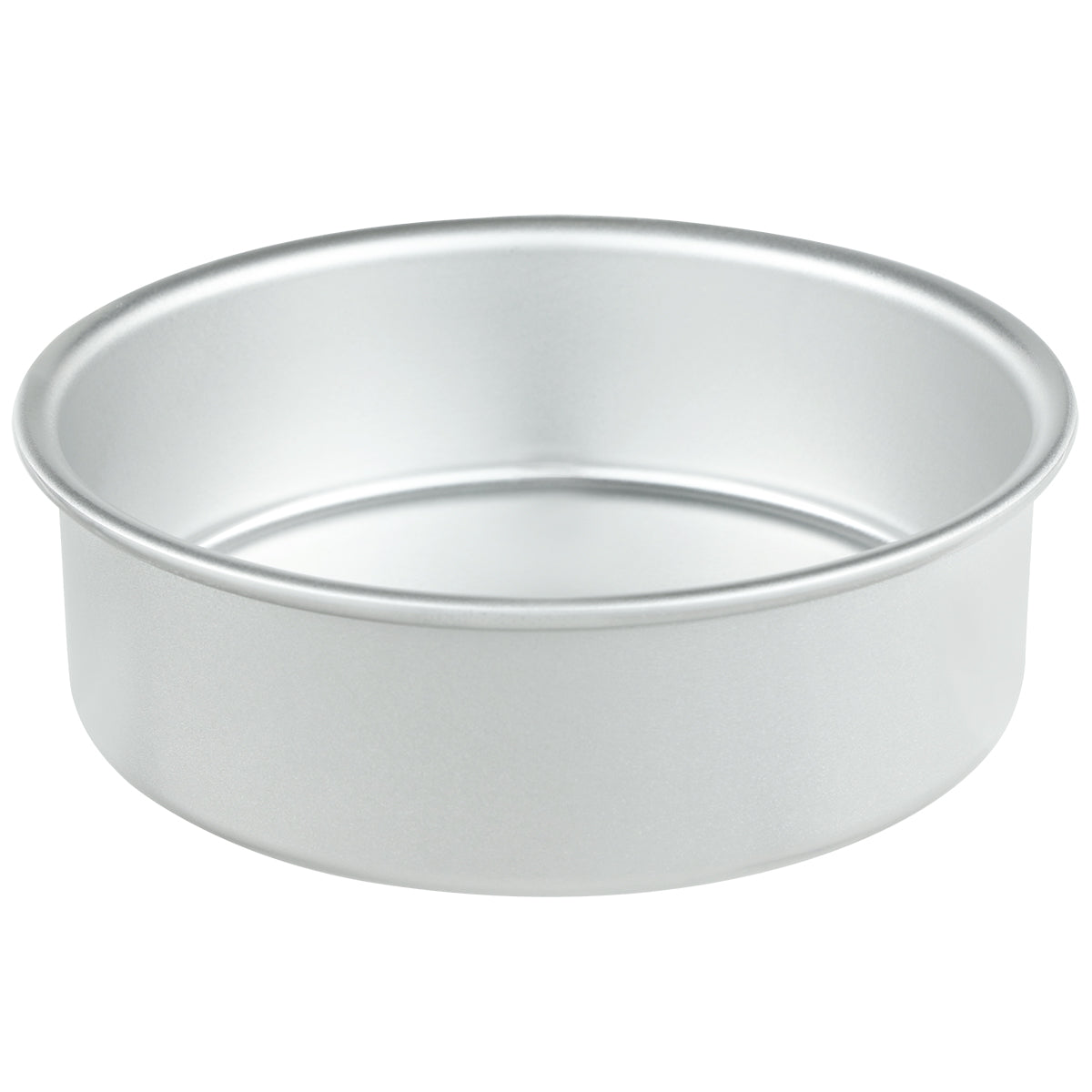 A plain, round, silver-colored aluminum cake pan with straight sides and a flat bottom, shown empty against a white background. Chef Approved and easy to clean, its designed for baking cakes or similar desserts.