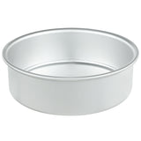 A plain, round, silver-colored aluminum cake pan with straight sides and a flat bottom, shown empty against a white background. Chef Approved and easy to clean, its designed for baking cakes or similar desserts.