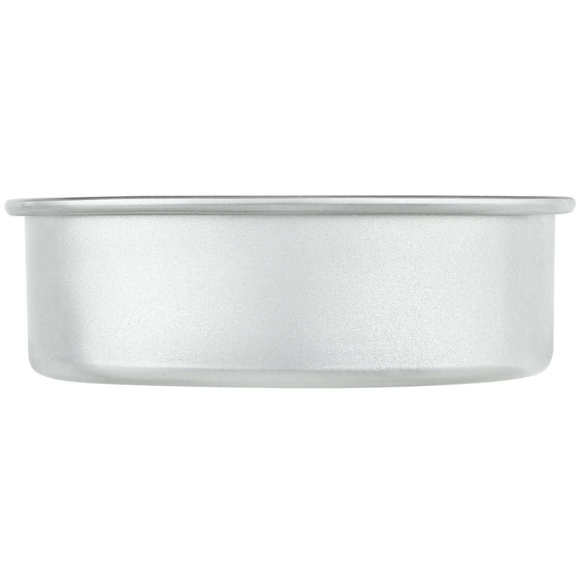 A round, shallow cake pan made of silver-colored aluminum with smooth sides and a slightly flared rim, viewed from the side against a white background. This Chef Approved baking pan features a simple, unadorned design.