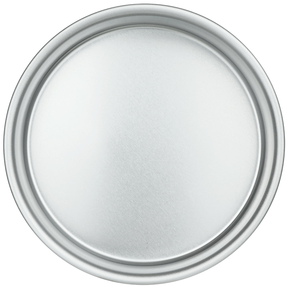 A plain, round, silver aluminum pizza pan with a smooth surface and slightly raised edges, viewed from above on a white background. Chef Approved and perfect for baking or serving as a cake pan.