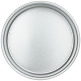 A plain, round, silver aluminum pizza pan with a smooth surface and slightly raised edges, viewed from above on a white background. Chef Approved and perfect for baking or serving as a cake pan.