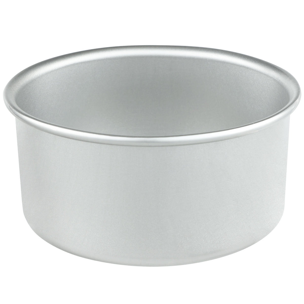 A chef-approved aluminum cake pan is showcased as a sleek silver bowl against a white background.