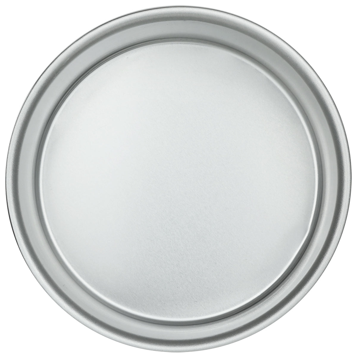 A top-down view of a plain, round aluminum pizza pan with a smooth, flat surface and slightly raised edges. Chef approved and spotless, this versatile pan is unadorned and set against a white background.