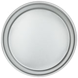 A top-down view of a plain, round aluminum pizza pan with a smooth, flat surface and slightly raised edges. Chef approved and spotless, this versatile pan is unadorned and set against a white background.