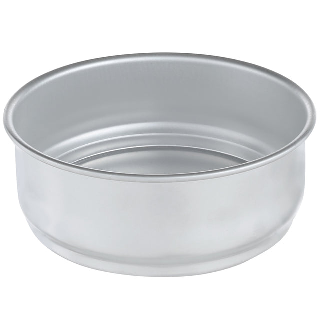 A round, shallow, aluminum dough proofing pan with smooth sides and a slightly indented concentric ring pattern on the bottom. Stackable and simple, it features a shiny finish with no handles or markings, set against a plain white background.