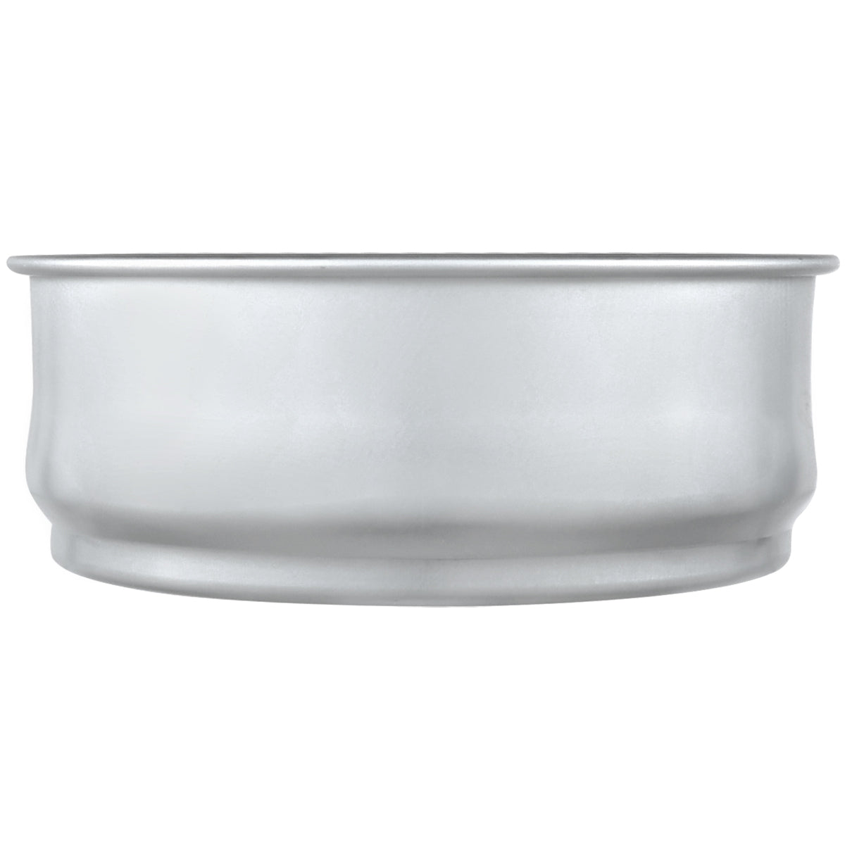 A round, shallow, stainless steel dough proofing pan with smooth sides and a slightly flared rim, set against a plain white background. The stackable design and metallic, reflective surface enhance its simple, utilitarian style.