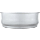 A round, shallow, stainless steel dough proofing pan with smooth sides and a slightly flared rim, set against a plain white background. The stackable design and metallic, reflective surface enhance its simple, utilitarian style.