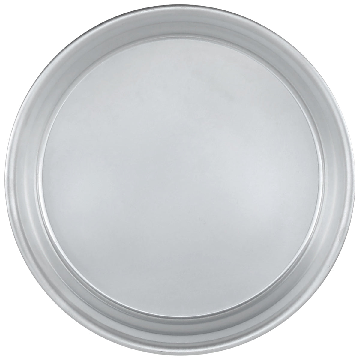 A round, metallic silver aluminum pizza pan with a smooth, flat surface and a slightly raised rim, viewed from above on a plain white background. This stackable pan appears clean and unused.