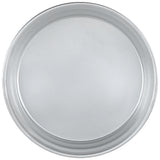A round, metallic silver aluminum pizza pan with a smooth, flat surface and a slightly raised rim, viewed from above on a plain white background. This stackable pan appears clean and unused.