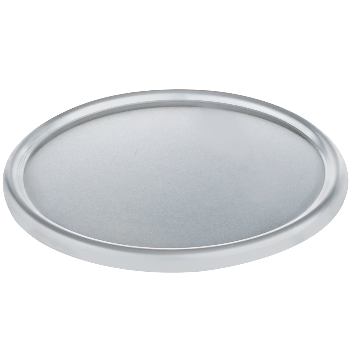 A round, flat aluminum dough proofing pan lid with a slightly raised, smooth edge is photographed against a white background. The matte finish and chef-approved design make it simple, unadorned, and functional for sealing a container or jar.