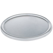 A round, flat aluminum dough proofing pan lid with a slightly raised, smooth edge is photographed against a white background. The matte finish and chef-approved design make it simple, unadorned, and functional for sealing a container or jar.