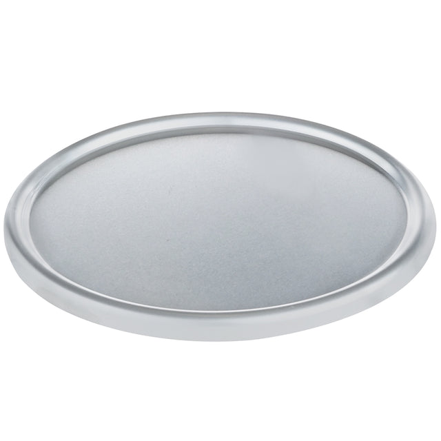 A round, flat aluminum dough proofing pan lid with a slightly raised, smooth edge is photographed against a white background. The matte finish and chef-approved design make it simple, unadorned, and functional for sealing a container or jar.