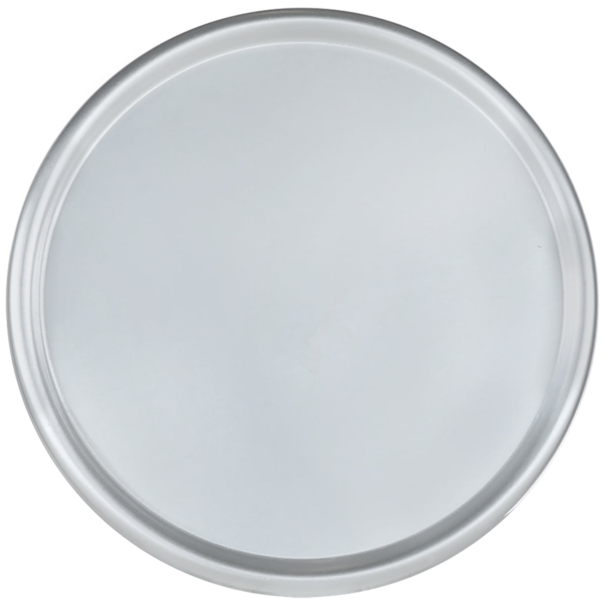 A round, aluminum tray with a smooth, slightly reflective surface and a raised rim, viewed from above against a white background. Chef approved and plain, it doubles as a dough proofing pan lid with no visible designs or markings.