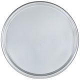 A round, aluminum tray with a smooth, slightly reflective surface and a raised rim, viewed from above against a white background. Chef approved and plain, it doubles as a dough proofing pan lid with no visible designs or markings.